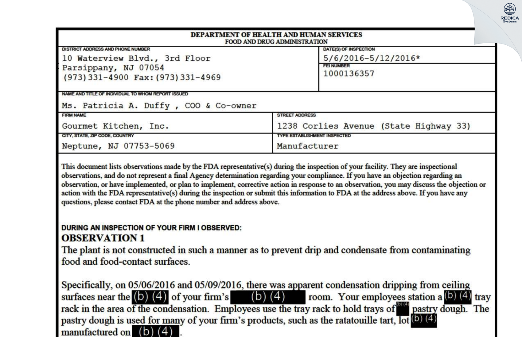 FDA 483 - Gourmet Kitchen, Inc. [Neptune / United States of America] - Download PDF - Redica Systems