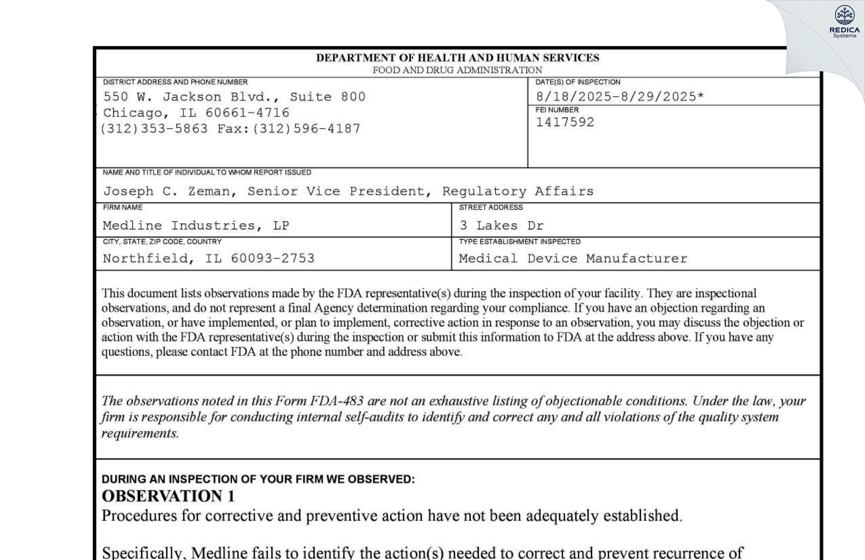 FDA 483 - MEDLINE INDUSTRIES, LP - Northfield [Northfield / United States of America] - Download PDF - Redica Systems