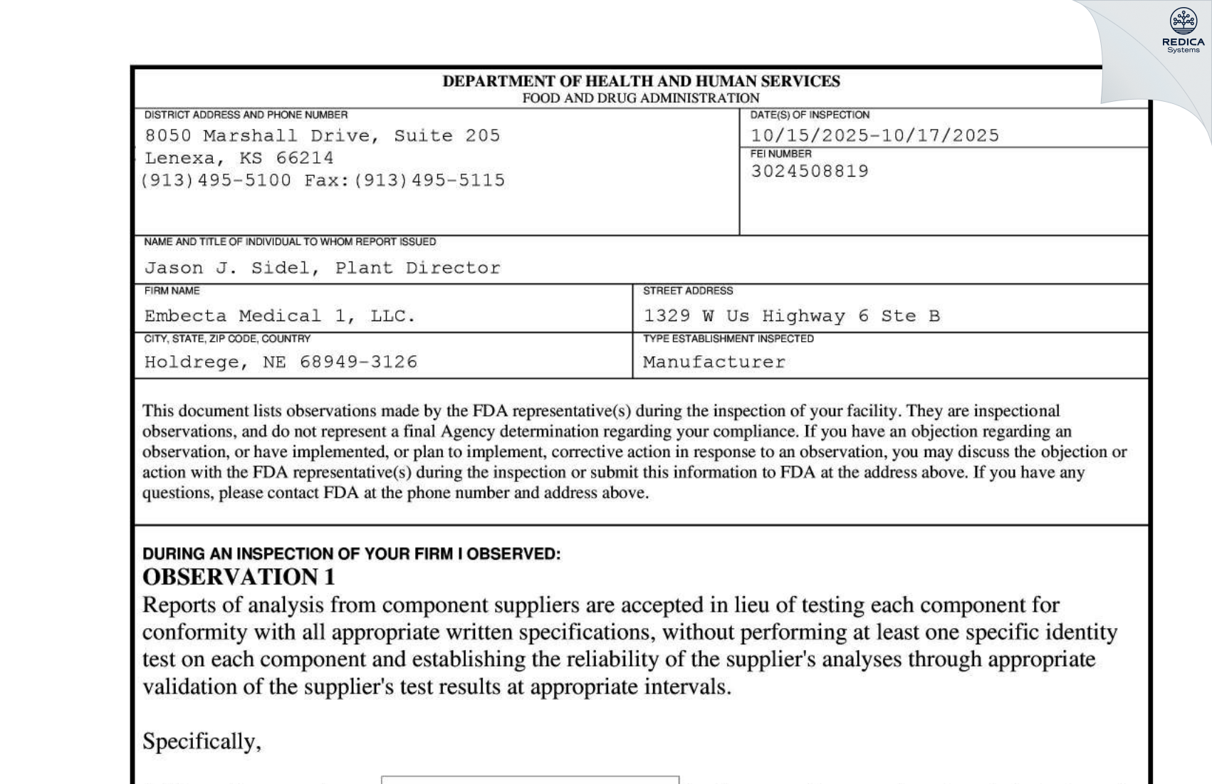 FDA 483 - embecta Medical I LLC [Holdrege / United States of America] - Download PDF - Redica Systems