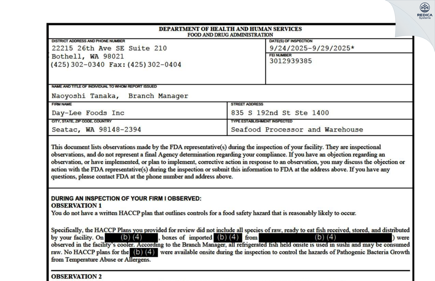 FDA 483 - Day-Lee Foods Inc [Seatac / United States of America] - Download PDF - Redica Systems