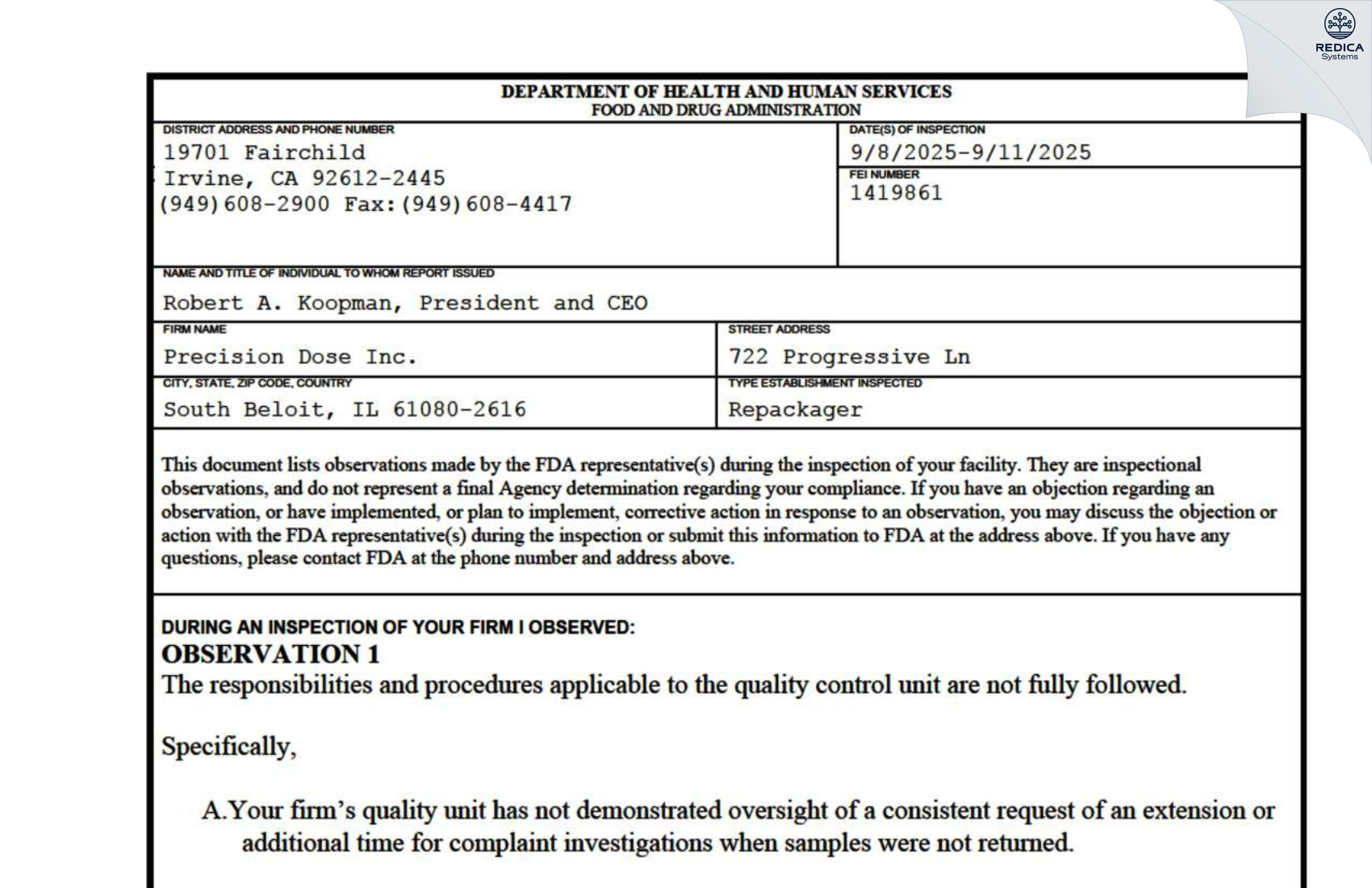 FDA 483 - Precision Dose Inc. [South Beloit / United States of America] - Download PDF - Redica Systems