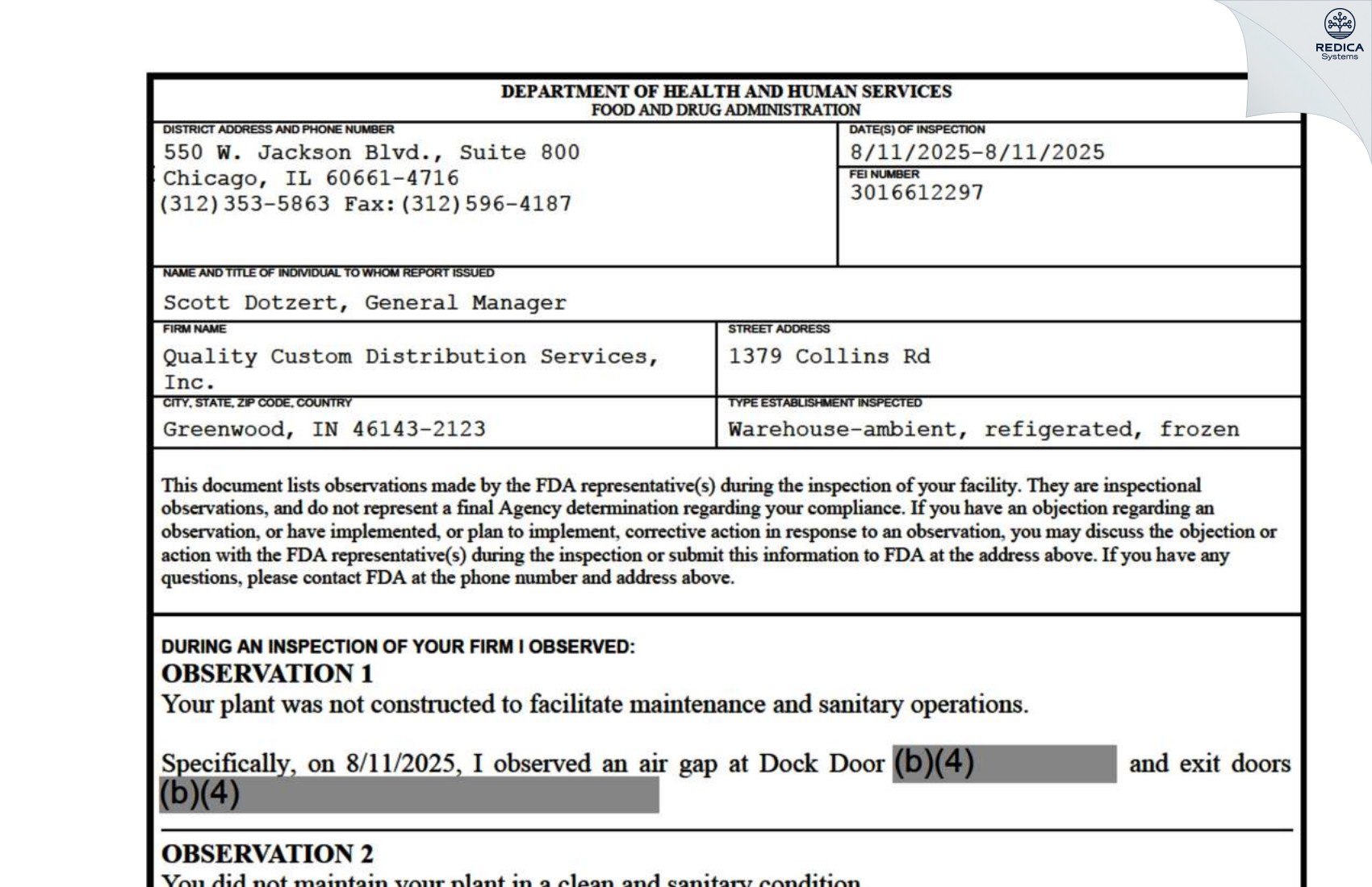FDA 483 - Quality Custom Distribution Services, Inc. [Greenwood / United States of America] - Download PDF - Redica Systems