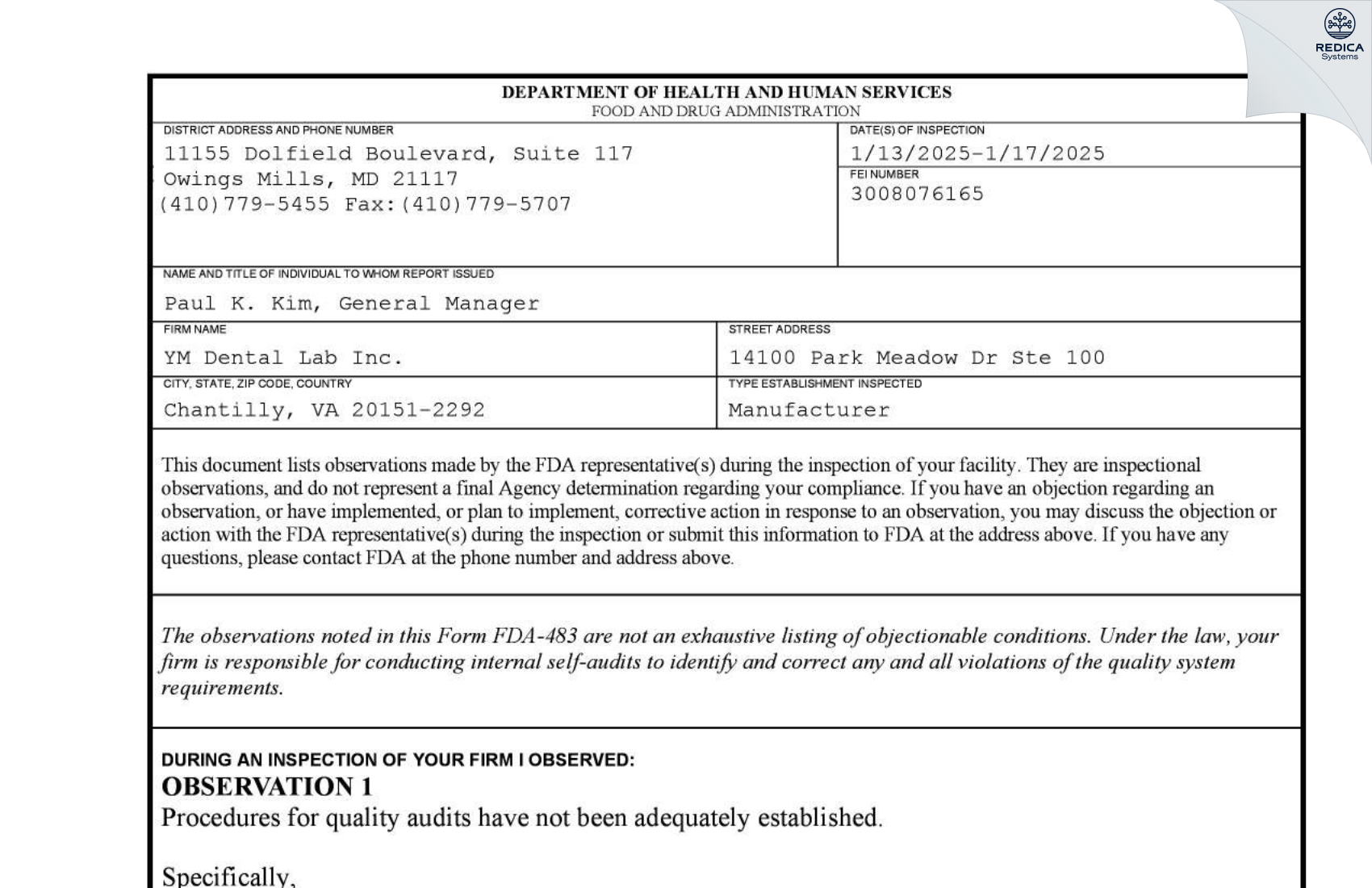 FDA 483 - YM DENTAL LAB, INC. [Chantilly / United States of America] - Download PDF - Redica Systems