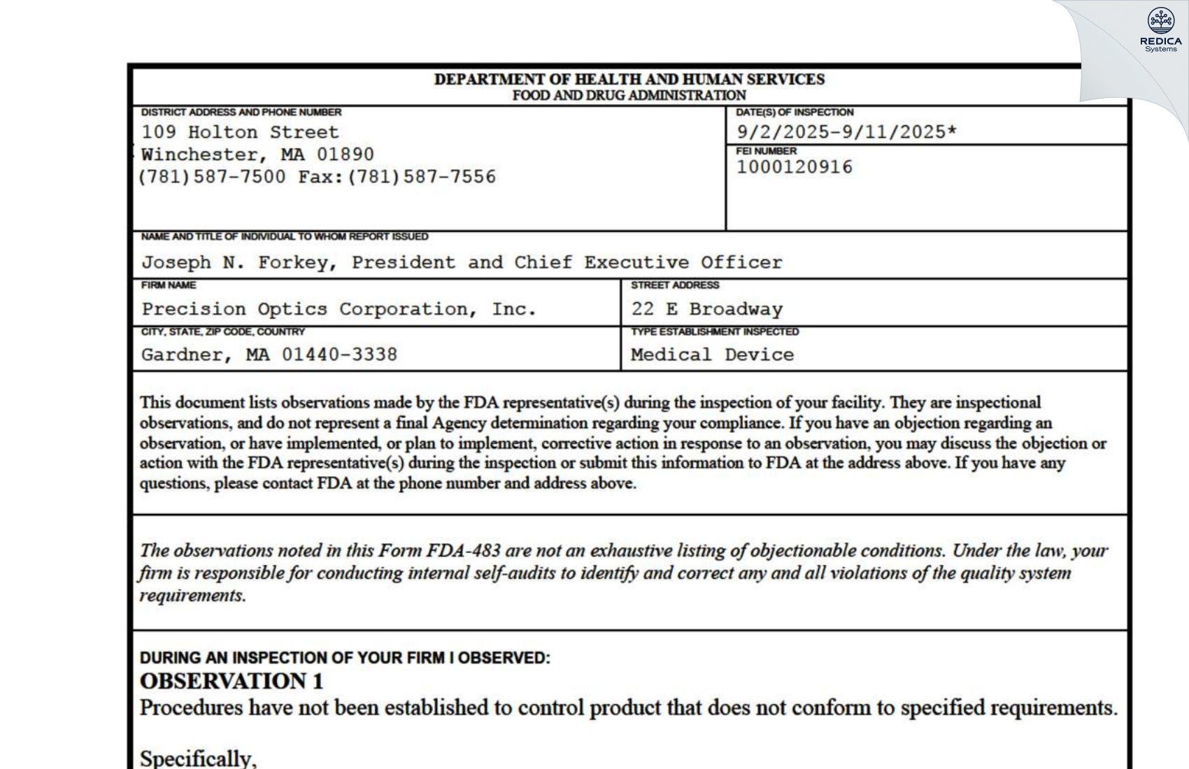 FDA 483 - Precision Optics Corporation, Inc. [Gardner / United States of America] - Download PDF - Redica Systems