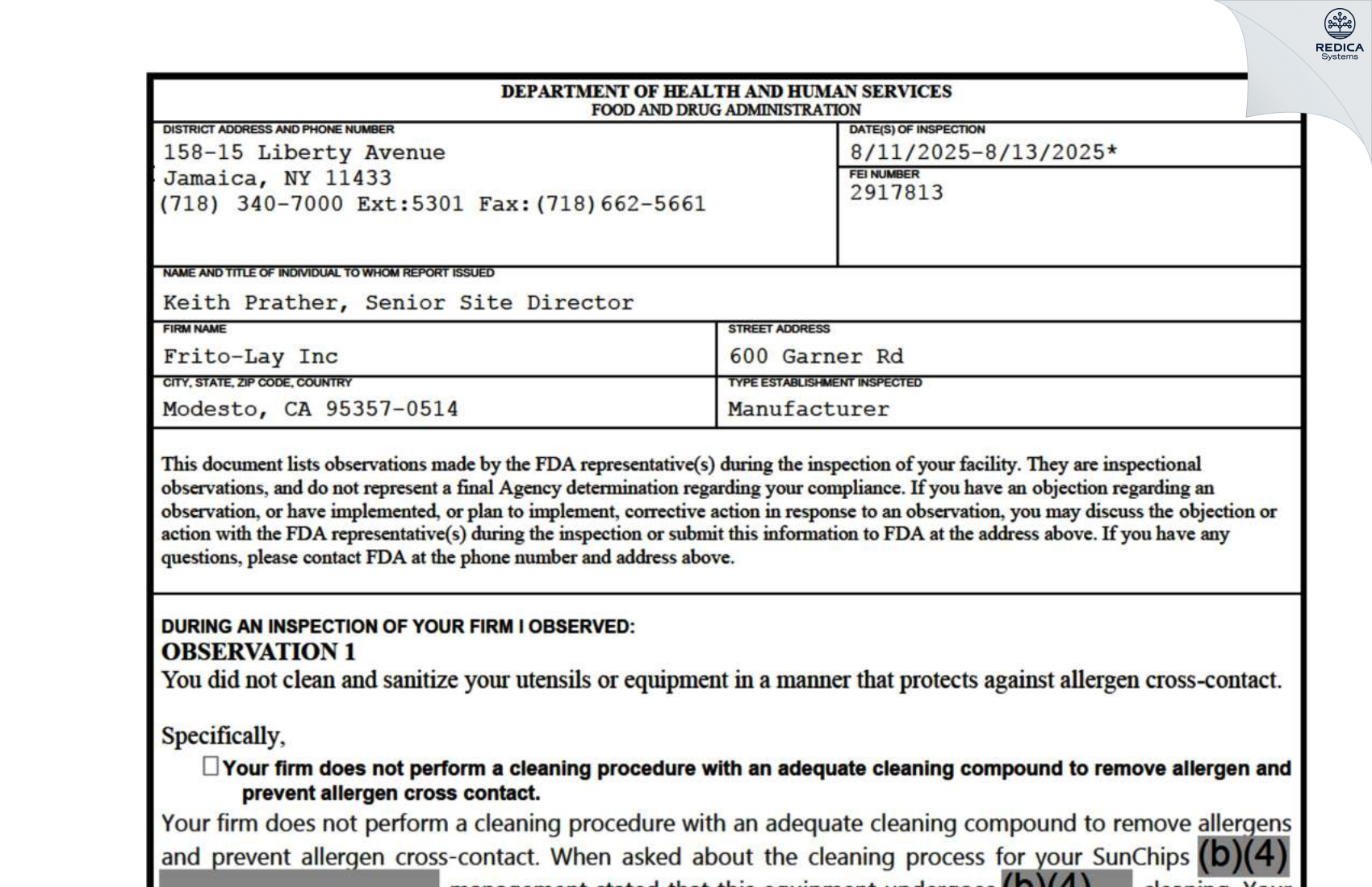 FDA 483 - Frito-Lay Inc [Modesto / United States of America] - Download PDF - Redica Systems