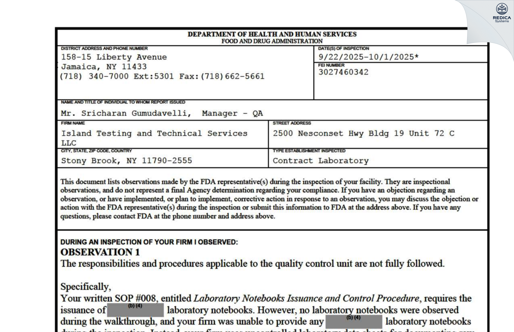 FDA 483 - Island Testing and Tech Services LLC [Stony Brook / United States of America] - Download PDF - Redica Systems