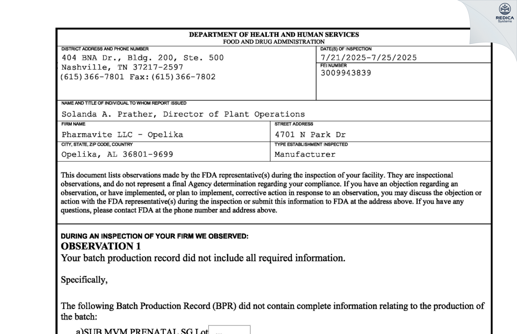 FDA 483 - Pharmavite LLC - Opelika [Opelika / United States of America] - Download PDF - Redica Systems