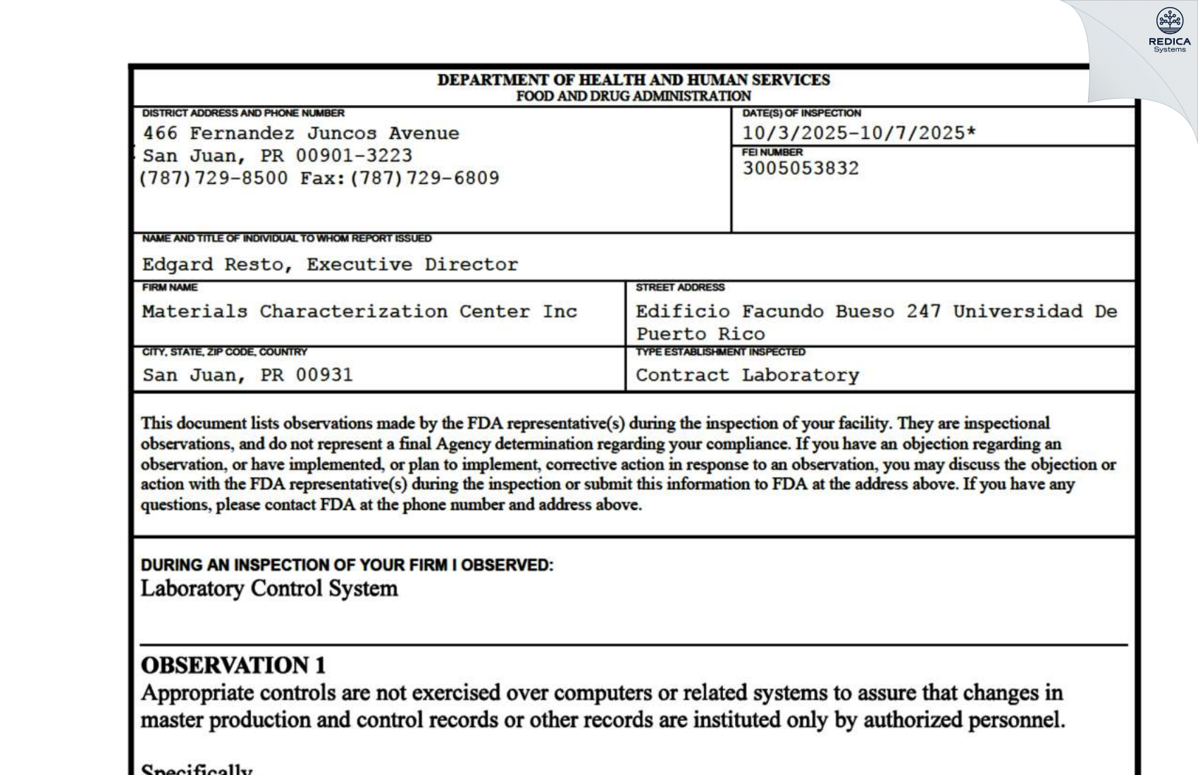 FDA 483 - Materials Characterization Center, Inc. [San Juan / Puerto Rico] - Download PDF - Redica Systems