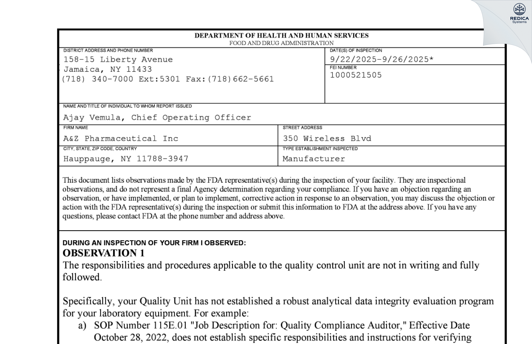 FDA 483 - A&Z Pharmaceutical, Inc. [Hauppauge / United States of America] - Download PDF - Redica Systems