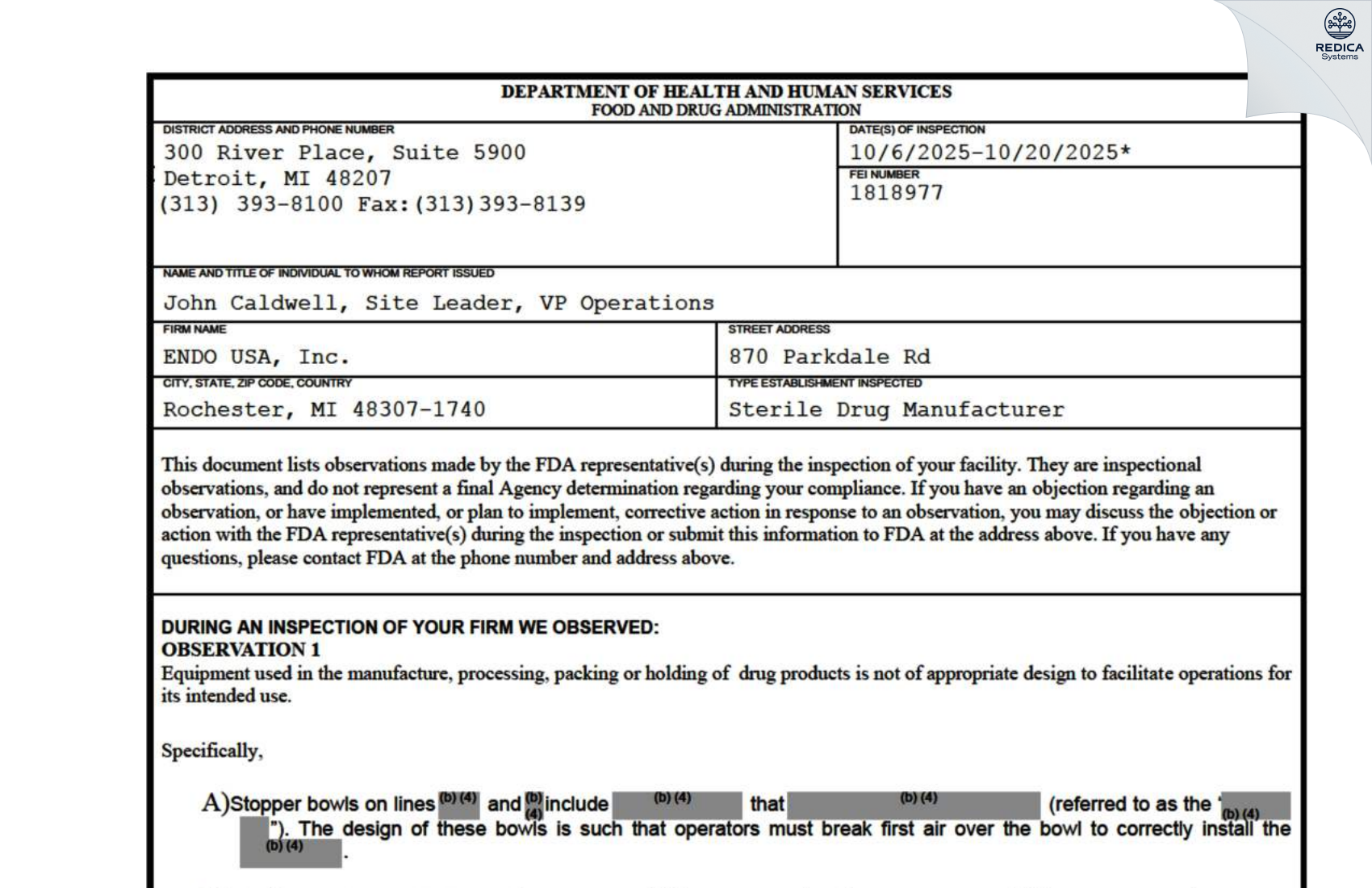 FDA 483 - ENDO USA, Inc. [Rochester / United States of America] - Download PDF - Redica Systems