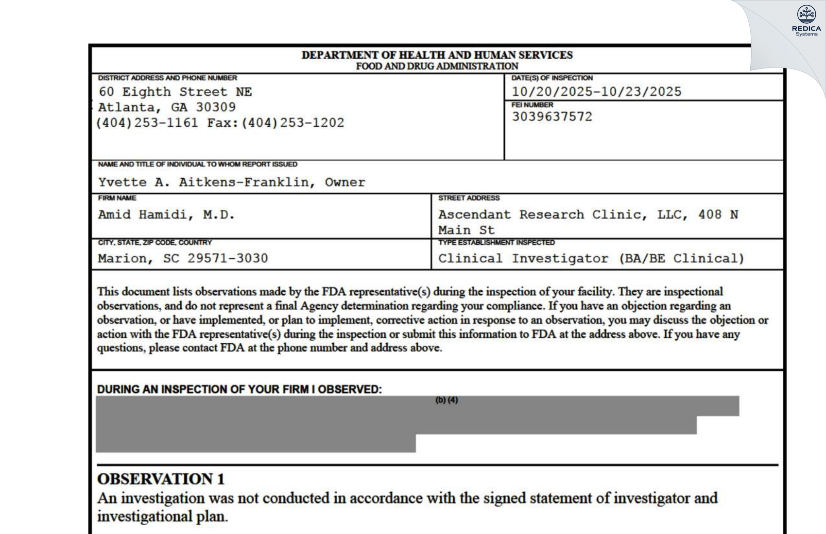 FDA 483 - Amid Hamidi, M.D. [Marion / United States of America] - Download PDF - Redica Systems