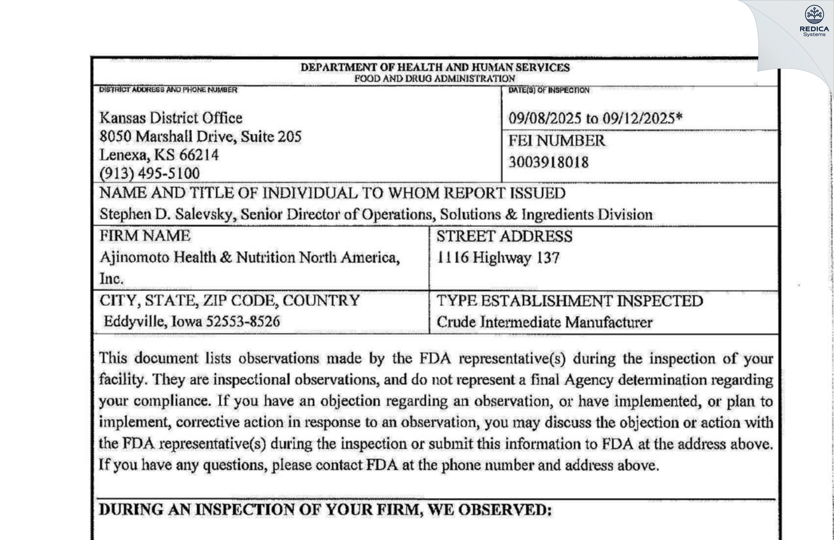 FDA 483 - Ajinomoto Health & Nutrition North America Inc [Eddyville / United States of America] - Download PDF - Redica Systems