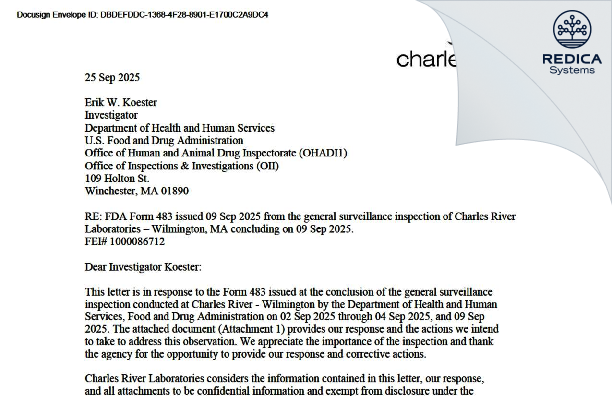 FDA 483 Response - Charles River Laboratories, Inc. [Wilmington / United States of America] - Download PDF - Redica Systems