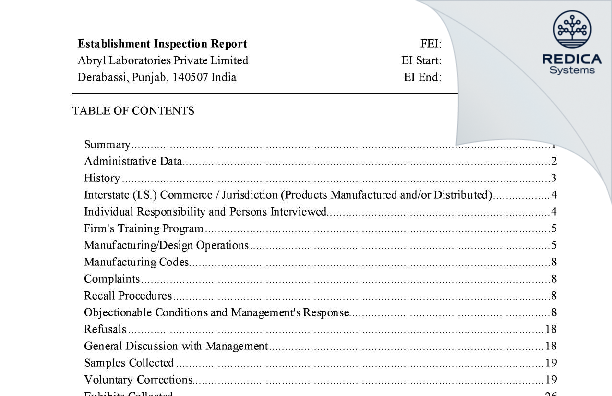 EIR - ABRYL LABORATORIES PRIVATE LIMITED [Derabassi Sub-District / India] - Download PDF - Redica Systems