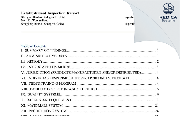 EIR - Shanghai Henlius Biologics Co.,Ltd [Songjiang / China] - Download PDF - Redica Systems