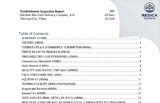 EIR - InnoStar Bio-Tech Nantong Co. Ltd. [Linjiang / China] - Download PDF - Redica Systems