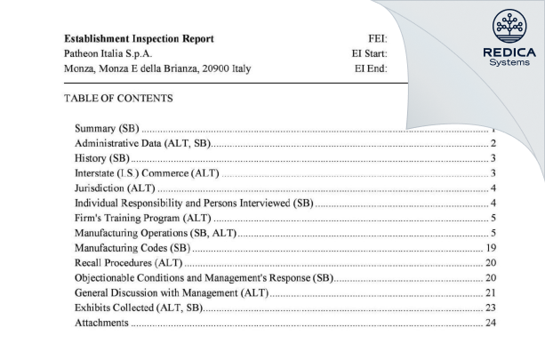EIR - Patheon Italia S.p.A [Monza / Italy] - Download PDF - Redica Systems