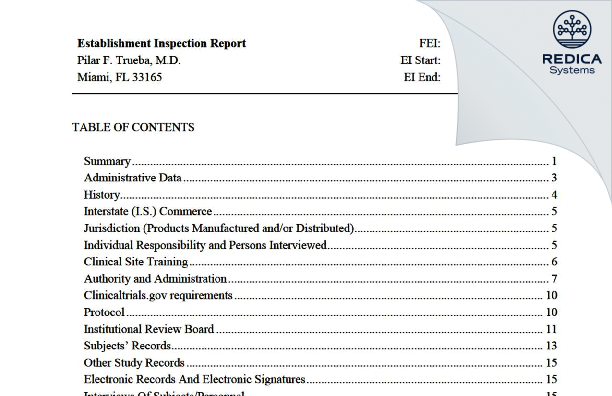 EIR - Pilar F. Trueba, M.D. [Miami / United States of America] - Download PDF - Redica Systems