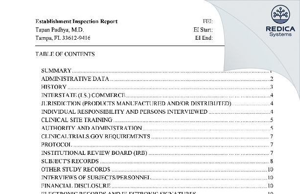 EIR - Tapan Padhya, M.D. [Tampa / United States of America] - Download PDF - Redica Systems
