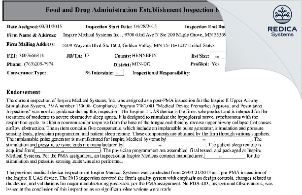 EIR - Inspire Medical Systems Inc. [Minneapolis / United States of America] - Download PDF - Redica Systems