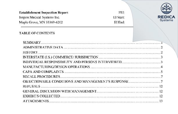 EIR - Inspire Medical Systems Inc. [Minneapolis / United States of America] - Download PDF - Redica Systems