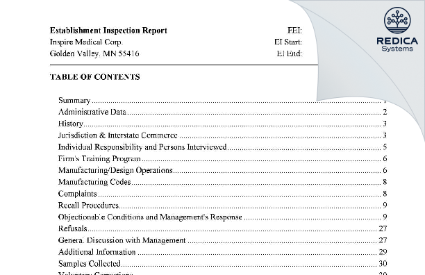 EIR - Inspire Medical Systems Inc. [Minneapolis / United States of America] - Download PDF - Redica Systems