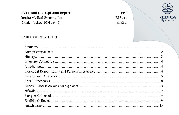 EIR - Inspire Medical Systems Inc. [Minneapolis / United States of America] - Download PDF - Redica Systems