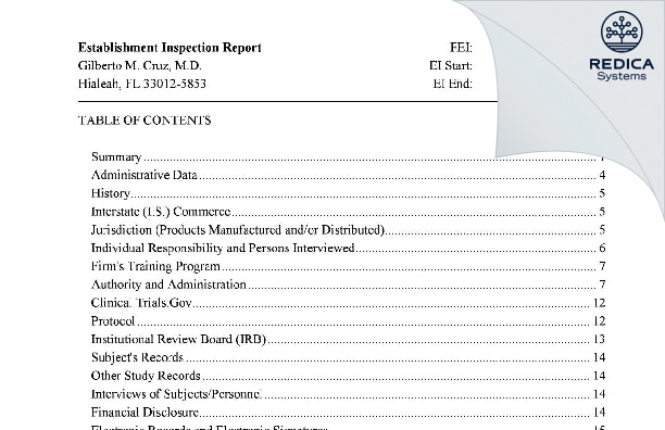 EIR - Gilberto M. Cruz, M.D. [Hialeah / United States of America] - Download PDF - Redica Systems