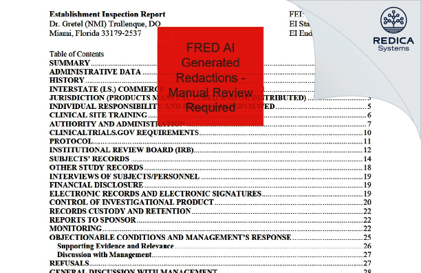 EIR - Dr. Gretel Trullenque, DO [Miami / United States of America] - Download PDF - Redica Systems
