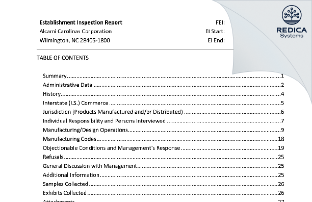 EIR - Alcami Carolinas Corporation [Wilmington / United States of America] - Download PDF - Redica Systems