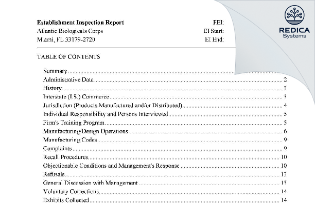 EIR - Atlantic Biologicals [Miami / United States of America] - Download PDF - Redica Systems