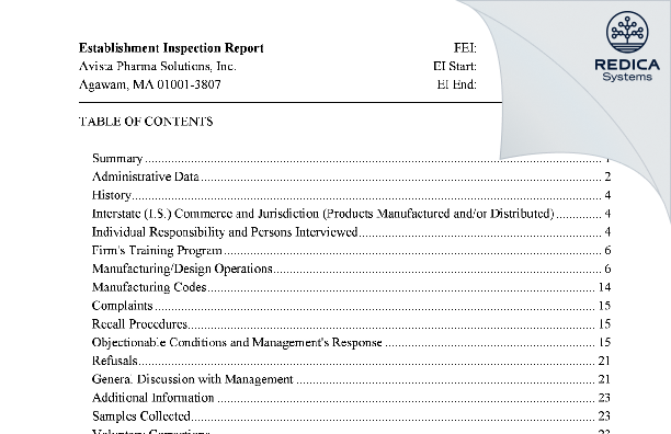 EIR - Avista Pharma Solutions, Inc. dba Cambrex [Agawam / United States of America] - Download PDF - Redica Systems