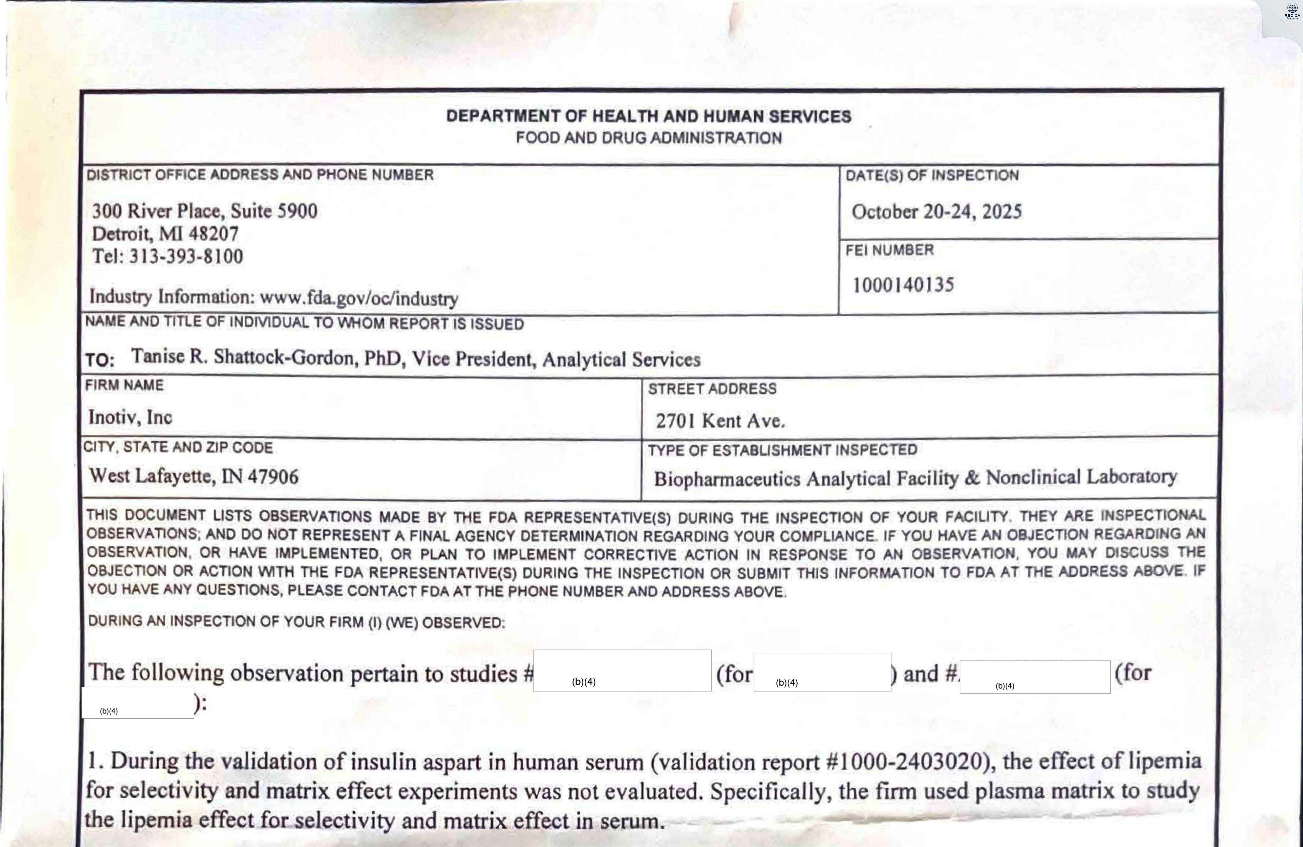 FDA 483 - Inotiv, Inc. [West Lafayette / United States of America] - Download PDF - Redica Systems