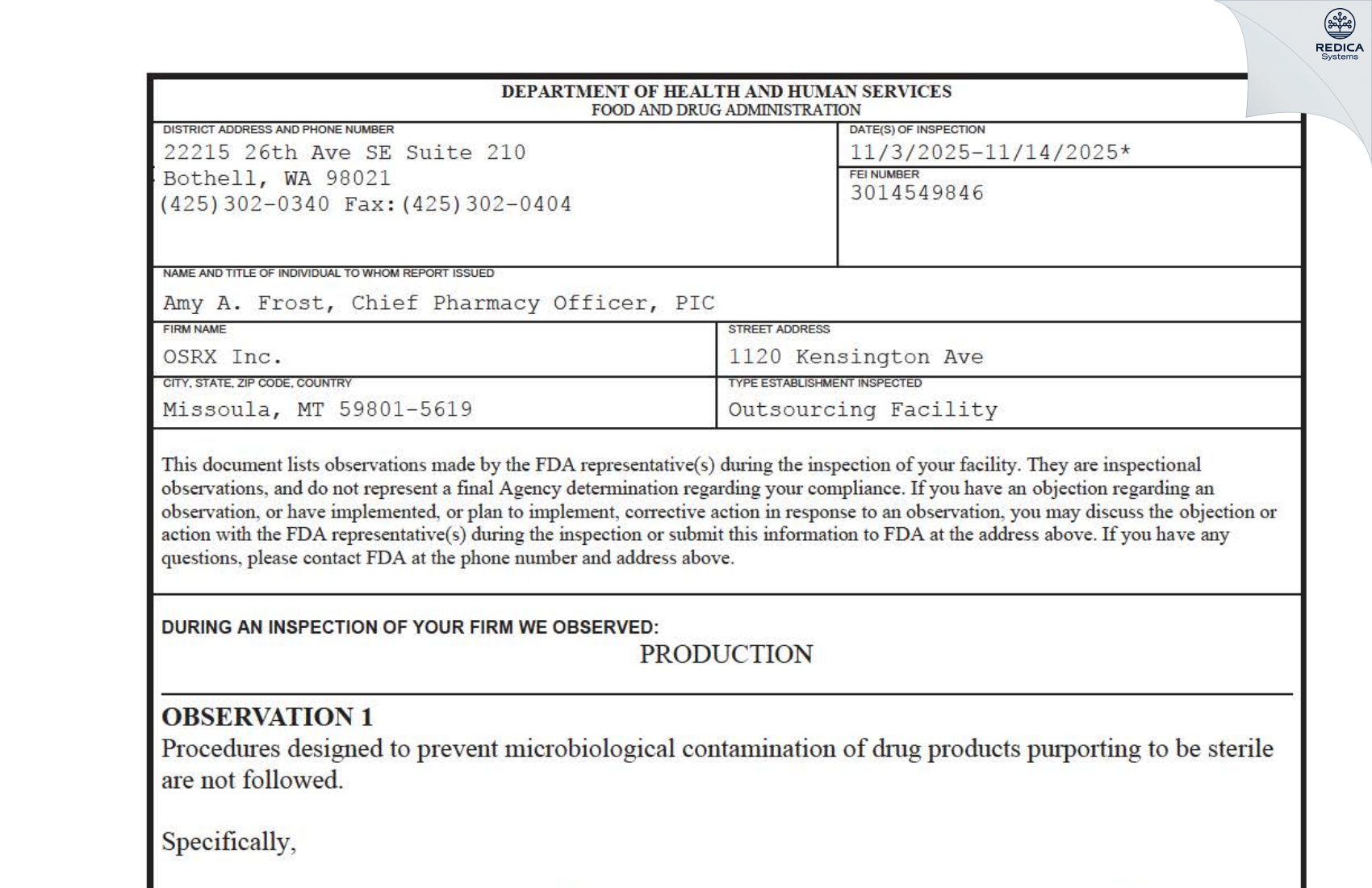 FDA 483 - OSRX Inc. [Missoula / United States of America] - Download PDF - Redica Systems