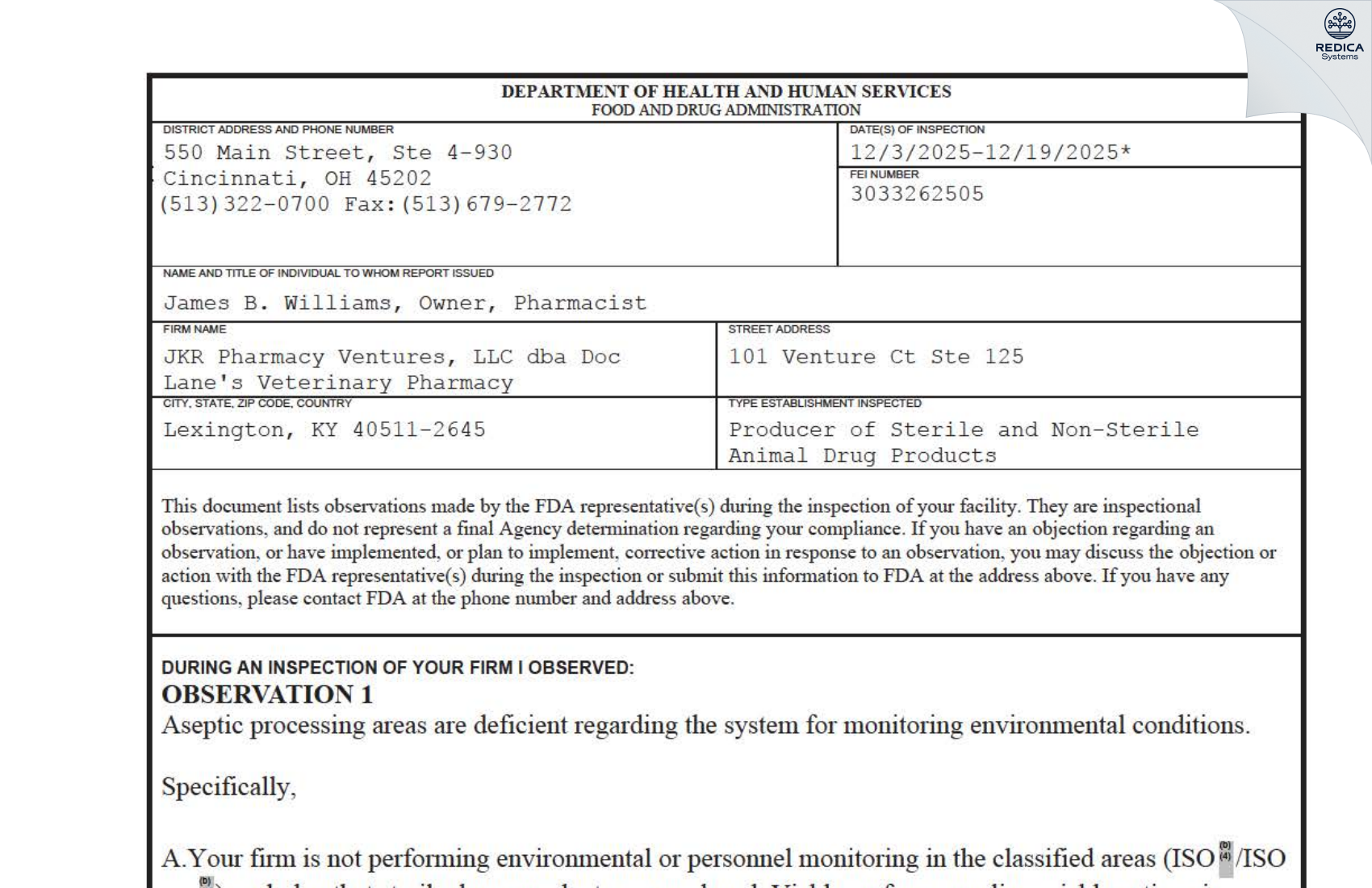 FDA 483 - JKR Pharmacy Ventures, LLC dba Doc Lane's Veterinary Pharmacy [Lexington / United States of America] - Download PDF - Redica Systems