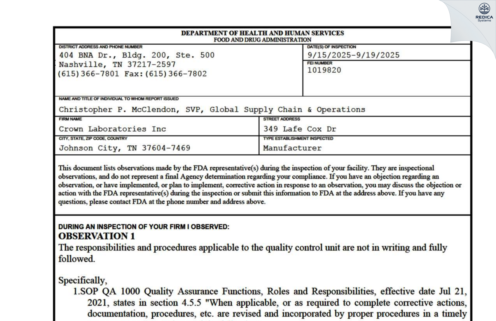 FDA 483 - Crown Laboratories, Inc. [Johnson City / United States of America] - Download PDF - Redica Systems