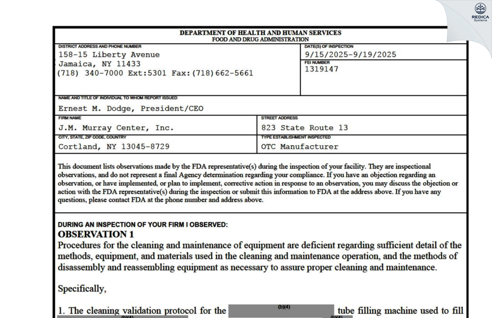 FDA 483 - J.M. Murray Center, Inc. [Cortland / United States of America] - Download PDF - Redica Systems