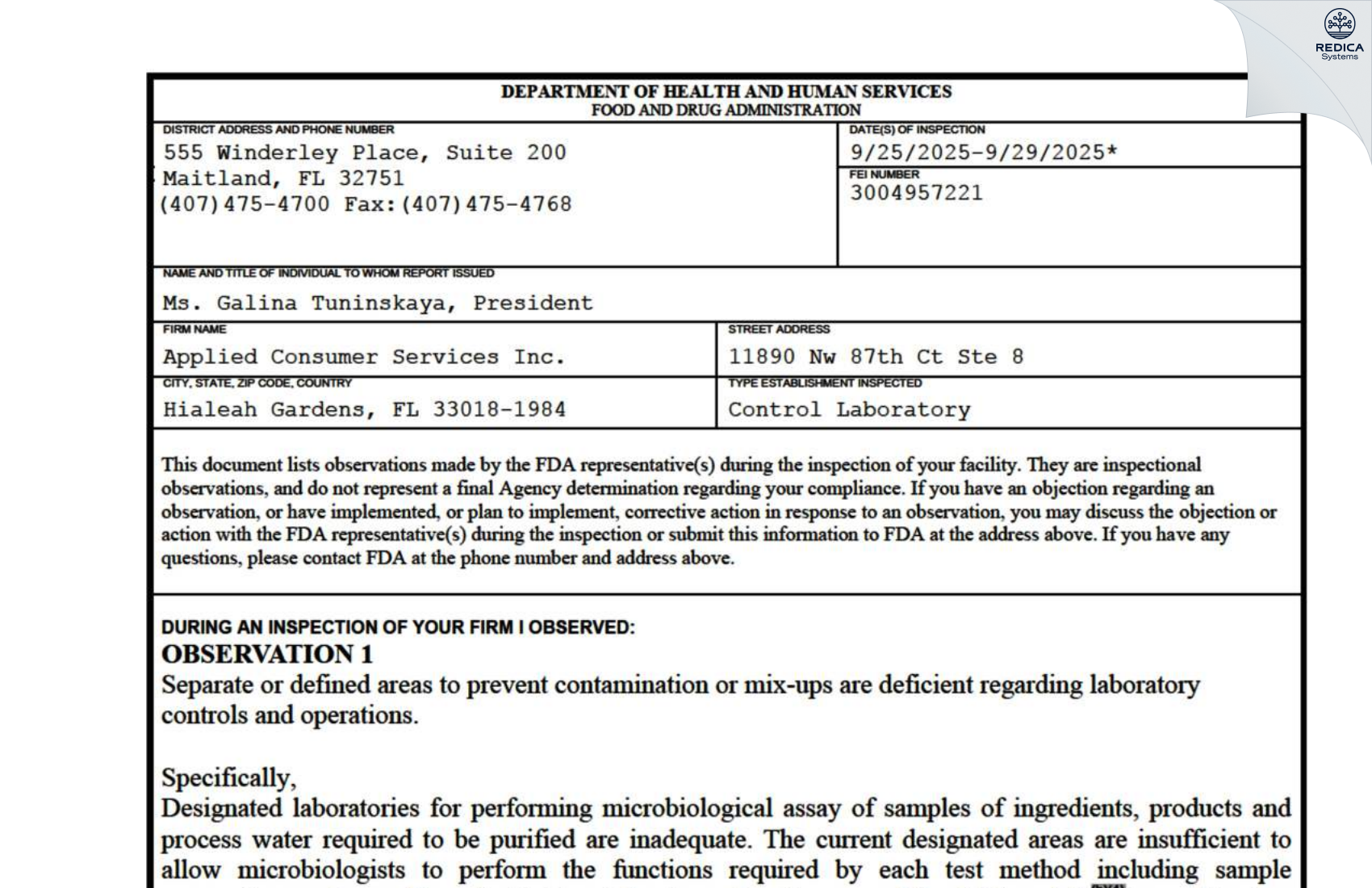 FDA 483 - Applied Consumer Services, Inc. [Hialeah / United States of America] - Download PDF - Redica Systems
