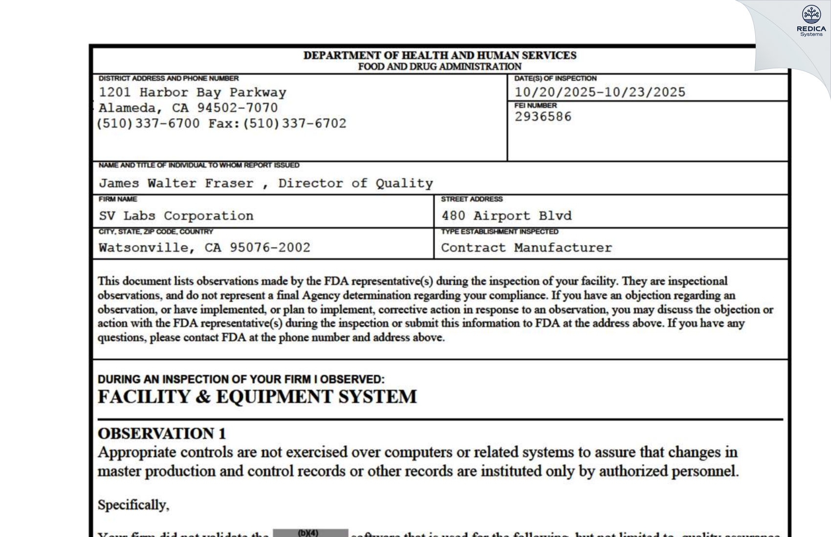 FDA 483 - SV LABS CORPORATION [Watsonville / United States of America] - Download PDF - Redica Systems