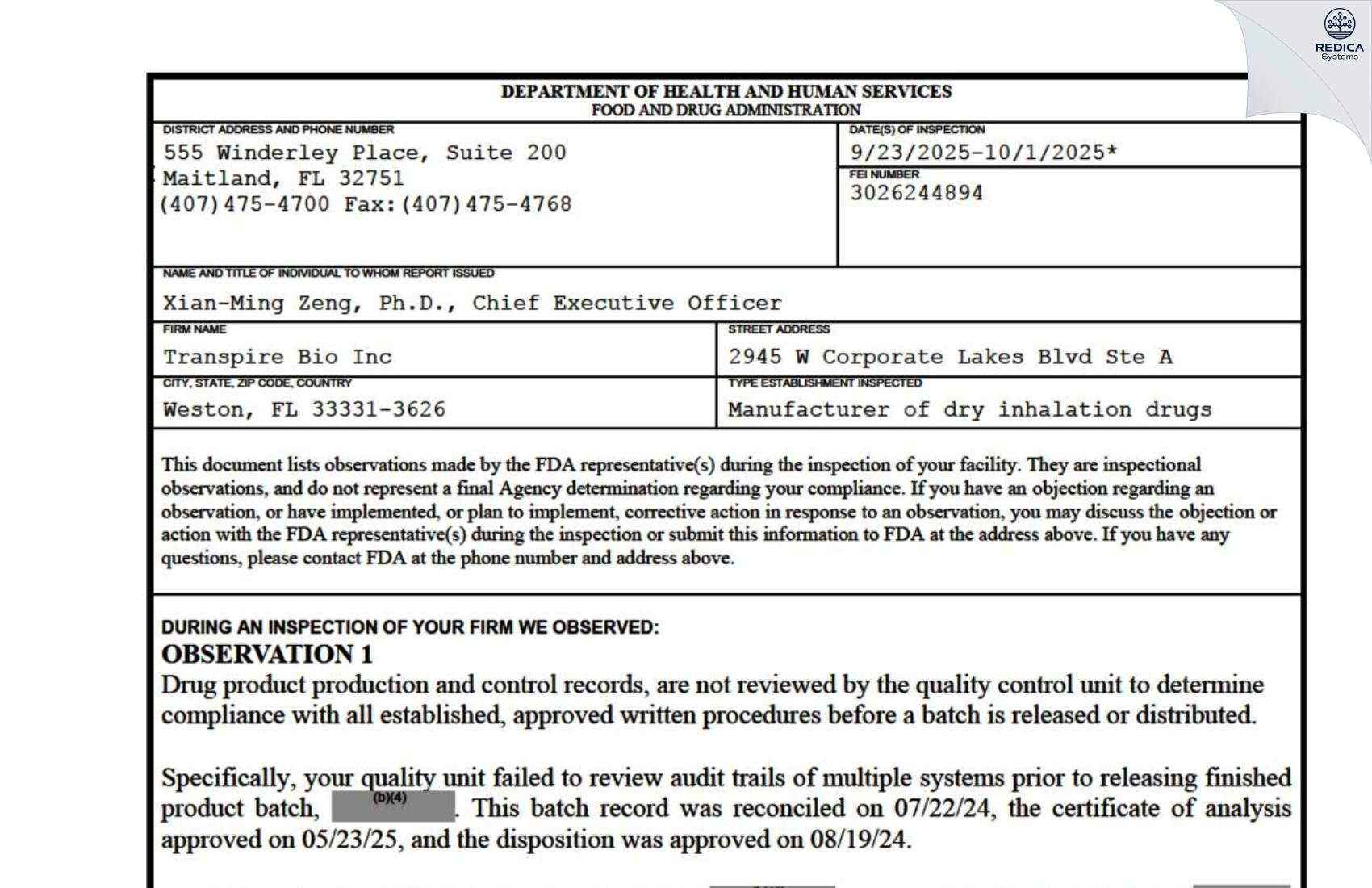 FDA 483 - Transpire Bio Inc. [Weston / United States of America] - Download PDF - Redica Systems