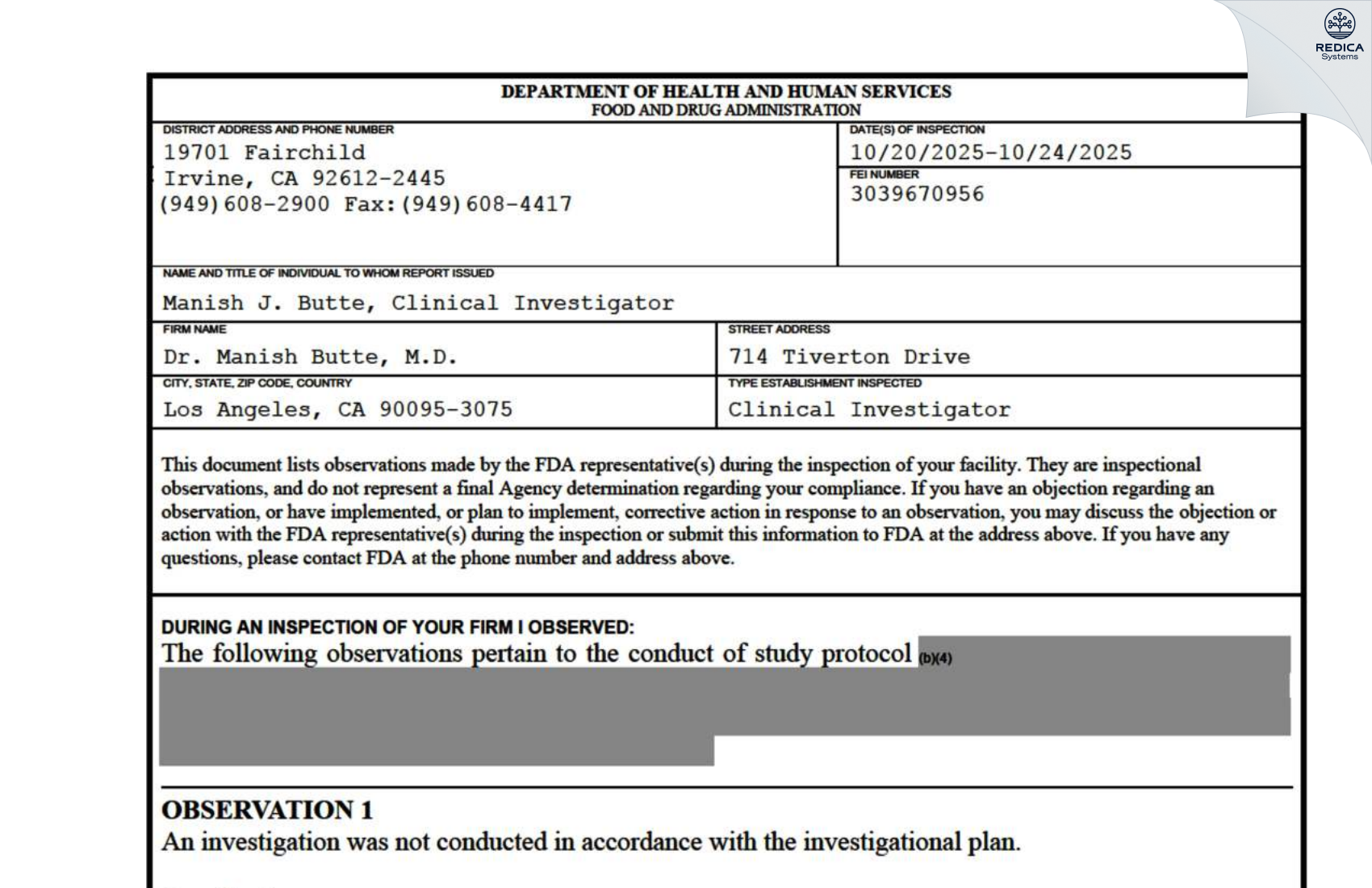 FDA 483 - Dr. Manish Butte, M.D. [Los Angeles / United States of America] - Download PDF - Redica Systems