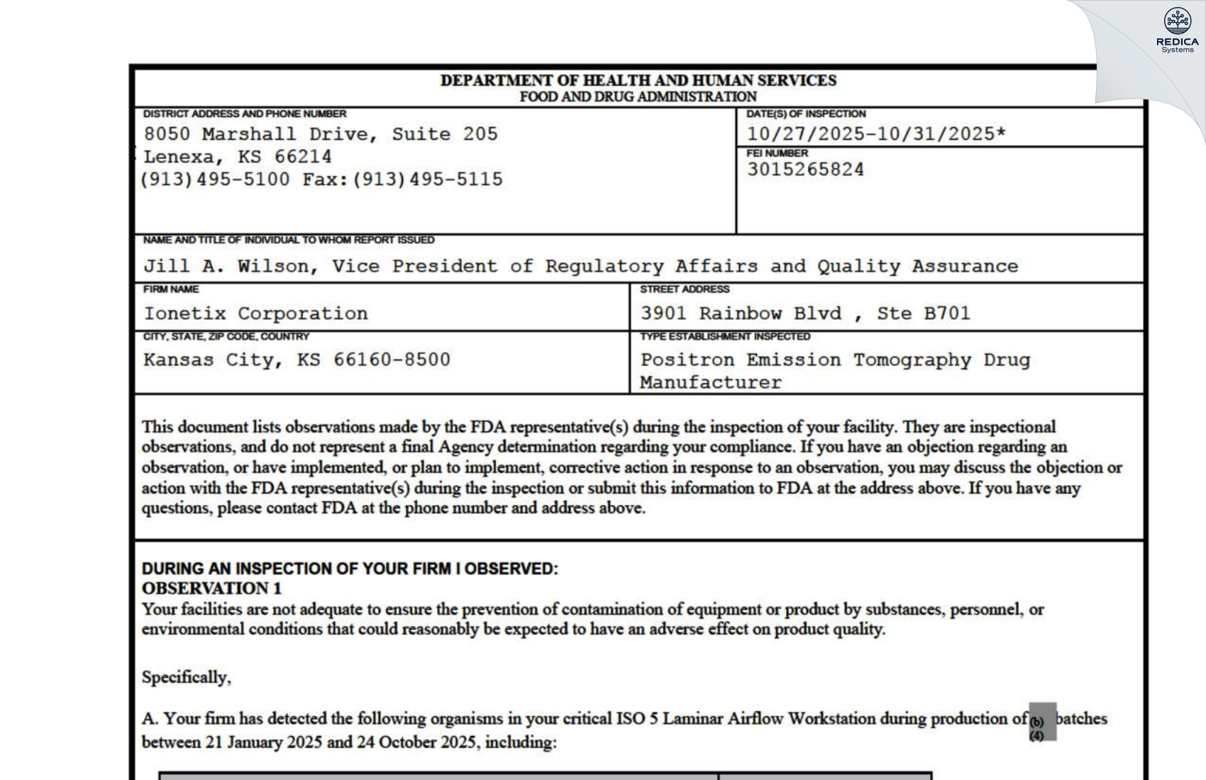 FDA 483 - Ionetix Corporation [Kansas City / United States of America] - Download PDF - Redica Systems