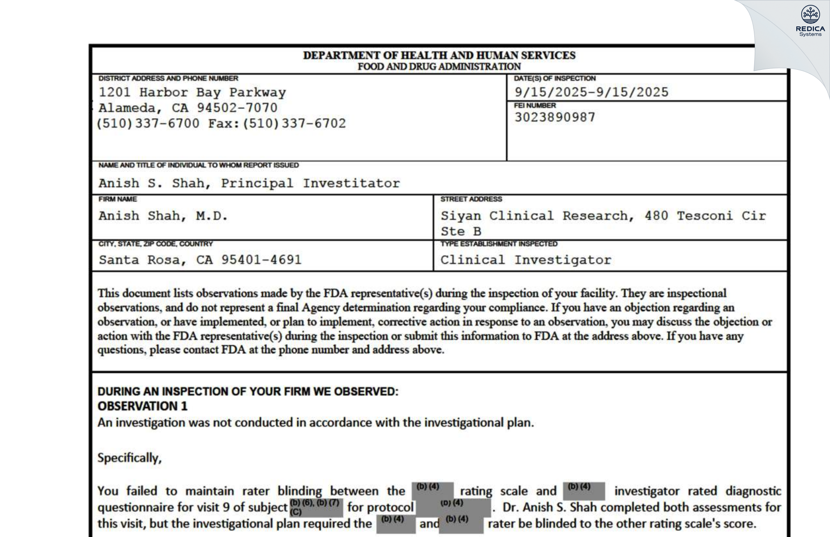FDA 483 - Anish Shah, M.D. [Santa Rosa / United States of America] - Download PDF - Redica Systems