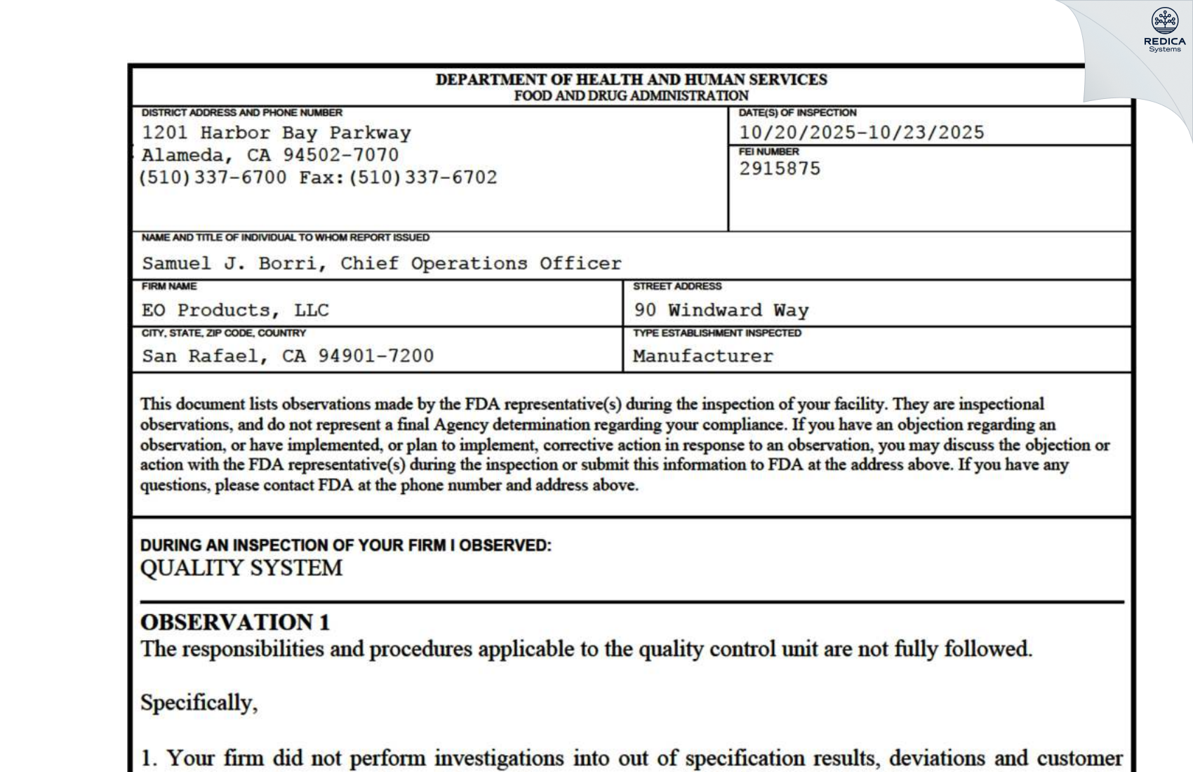 FDA 483 - EO Products, LLC [San Rafael / United States of America] - Download PDF - Redica Systems