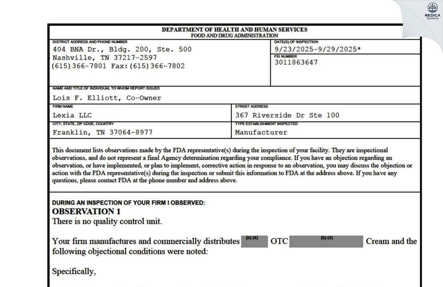 FDA 483 - Lexia LLC [Franklin / United States of America] - Download PDF - Redica Systems