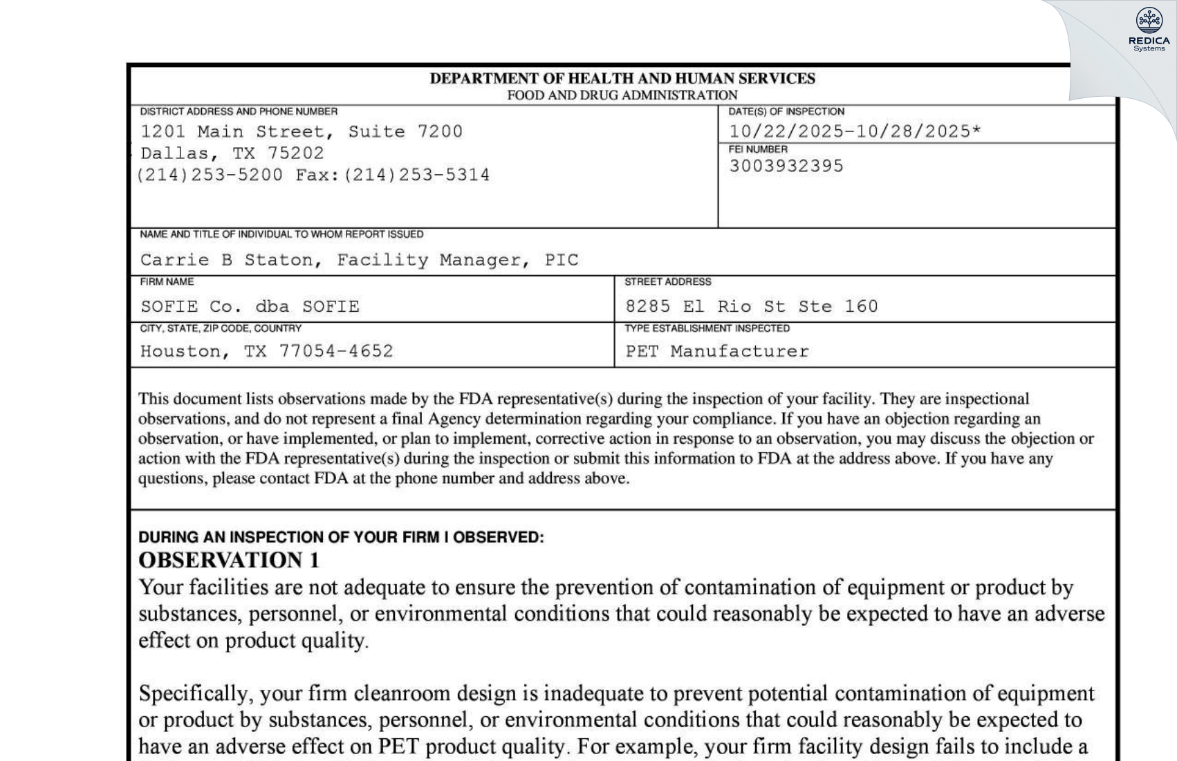 FDA 483 - SOFIE Co. dba SOFIE [Houston / United States of America] - Download PDF - Redica Systems