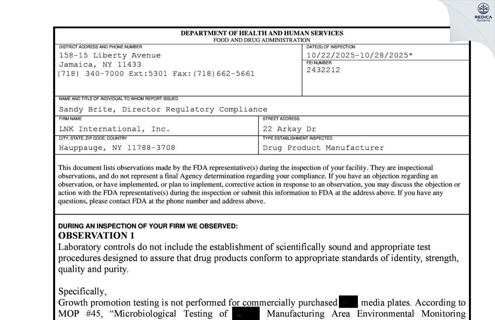 FDA 483 - LNK International, Inc. [Hauppauge / United States of America] - Download PDF - Redica Systems