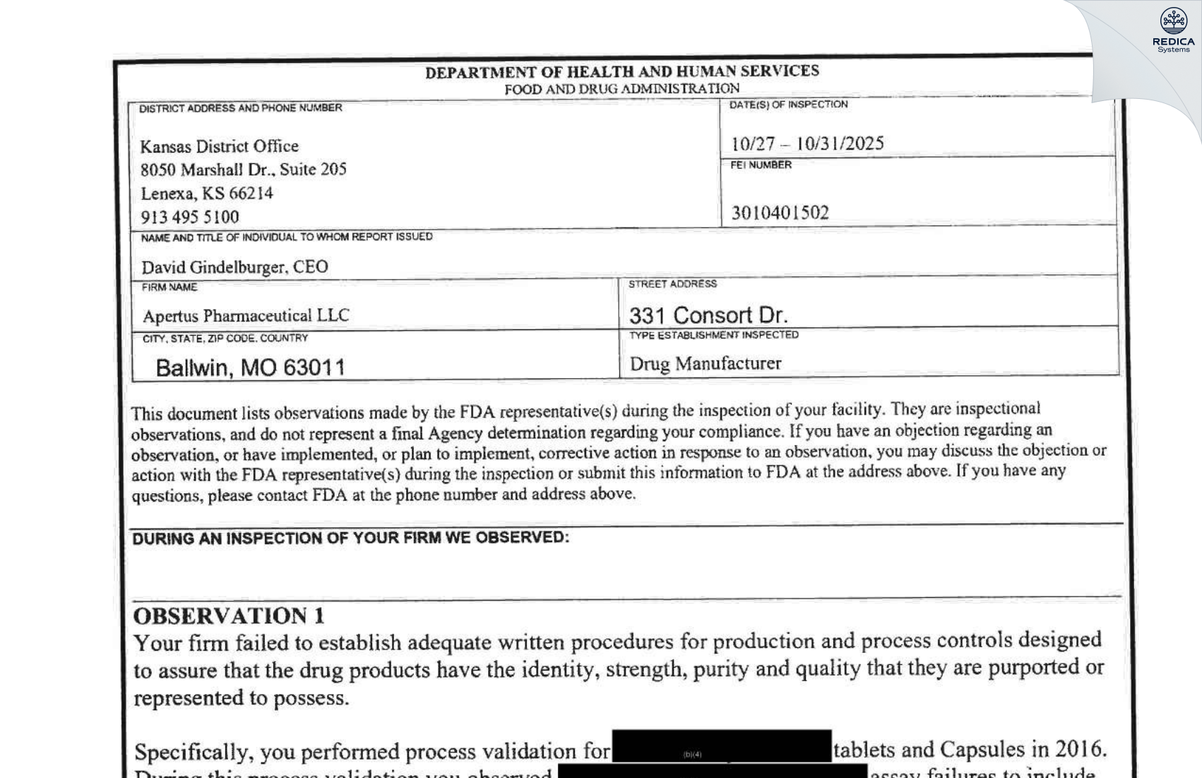FDA 483 - Apertus Pharmaceuticals, LLC [Ballwin / United States of America] - Download PDF - Redica Systems
