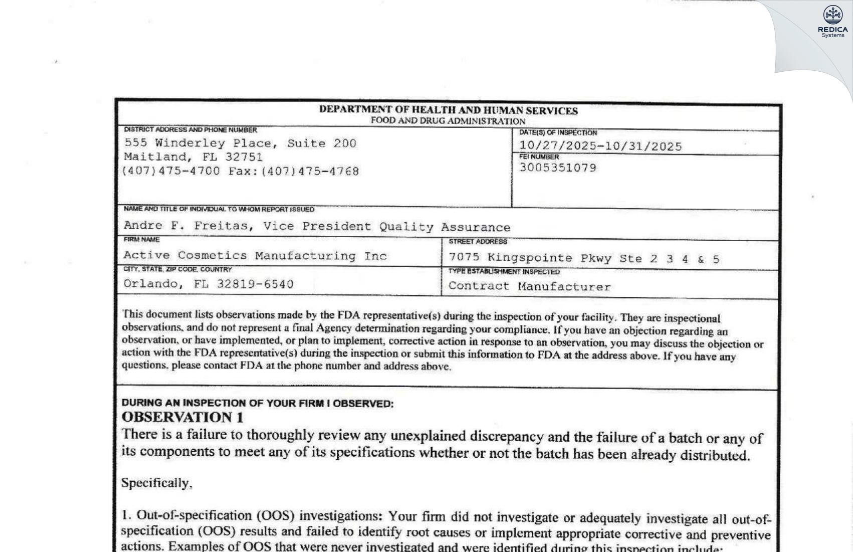 FDA 483 - Active Cosmetics Manufacturing, Inc. [Orlando / United States of America] - Download PDF - Redica Systems