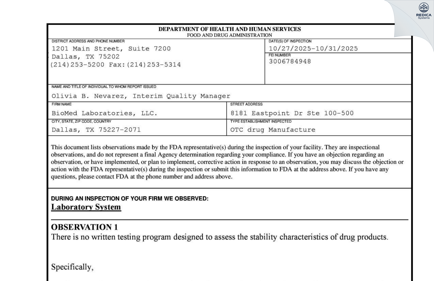 FDA 483 - Biomed Laboratories LLC [Dallas / United States of America] - Download PDF - Redica Systems